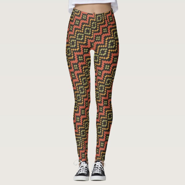 Red Green Black Egyptian Basket-weave Pattern Leggings (Front)