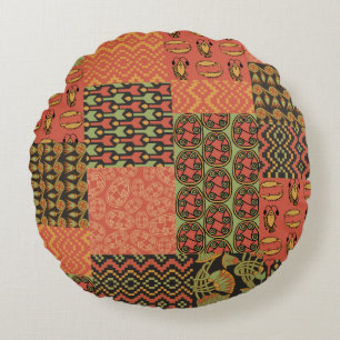 Red, Green, Black Egyptian Tribal Faux Patchwork Round Cushion