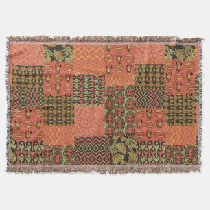 Red Green Black Egyptian Tribal Faux Patchwork Throw Blanket