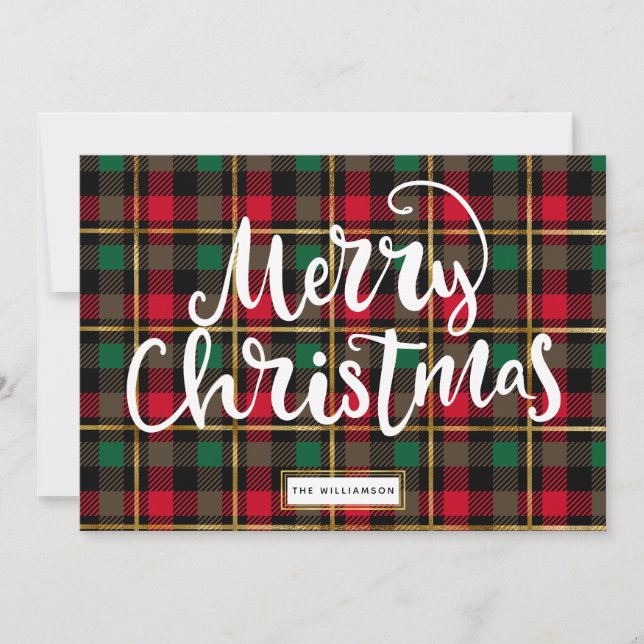 Red, Green, Black & Gold  Christmas Plaid  Holiday Card (Front)