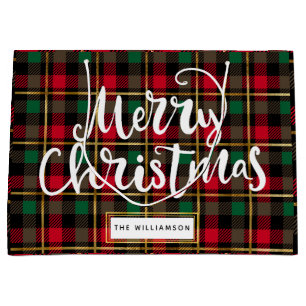 Red, Green, Black & Gold Christmas Plaid Large Gift Bag