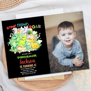 Red Green Black Photo Dinosaur Birthday Invitation