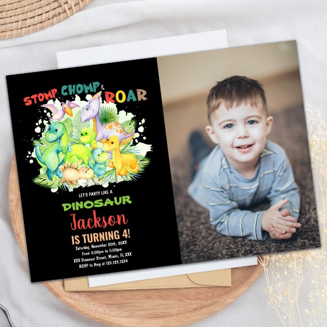 Red Green Black Photo Dinosaur Birthday Invitation (Red Green Black Photo Dinosaur Birthday Invitation)