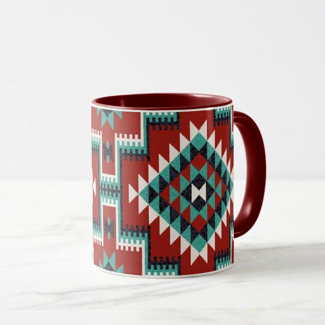 Red Green Black White Oriental Kilim Pattern Mug (Front Right)