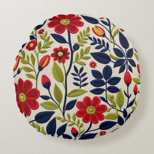 Red, green, blue and white floral round cushion
