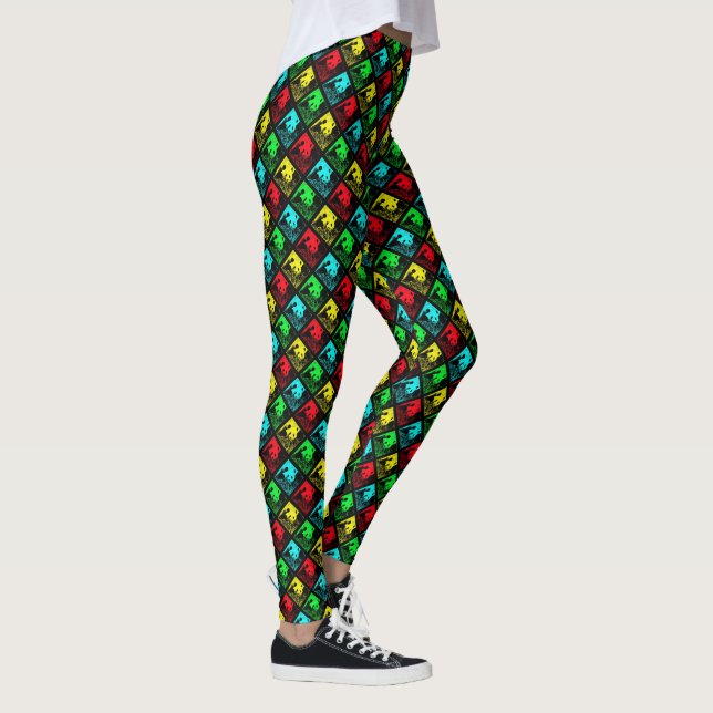 Red Green Blue and Yellow Pop Art Pandas Leggings (Right)
