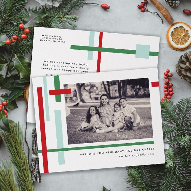 Red Green Blue Colour Strips Modern Holiday Postcard (modern style Christmas holiday postcard photo card with printed return address and custom message)