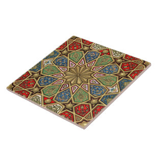 Red Green Blue Faux Gold Arabic Art Pattern Ceramic Tile