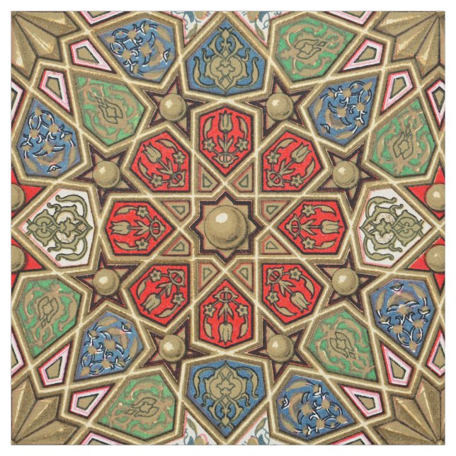 Red Green Blue Faux Gold Arabic Art Pattern Fabric (Swatch)