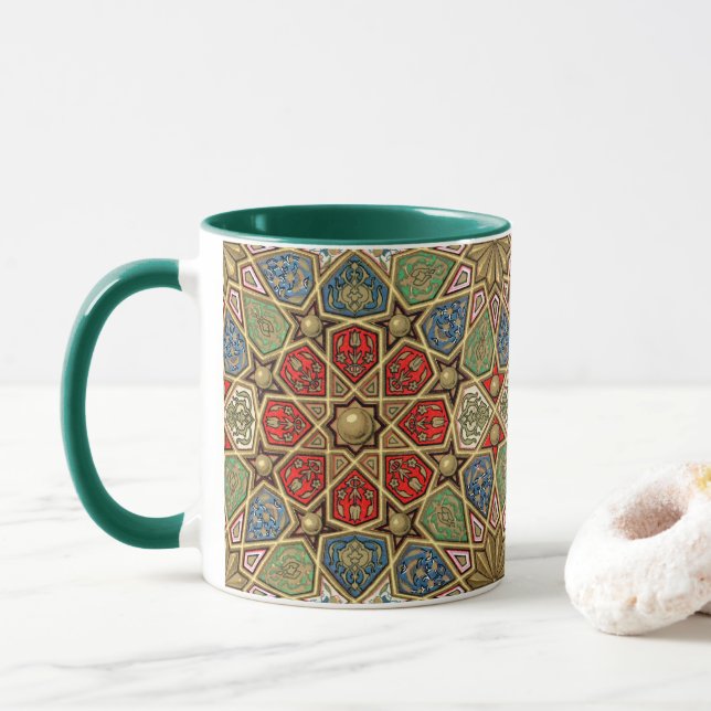 Red Green Blue Faux Gold Arabic Art Pattern Mug (With Donut)