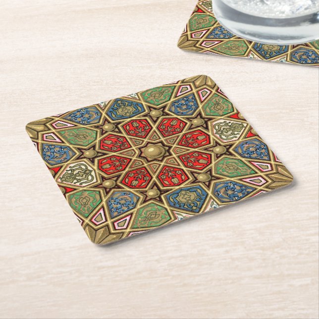 Red Green Blue Faux Gold Arabic Art Pattern Square Paper Coaster (Angled)