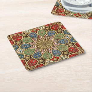 Red Green Blue Faux Gold Arabic Art Pattern Square Paper Coaster