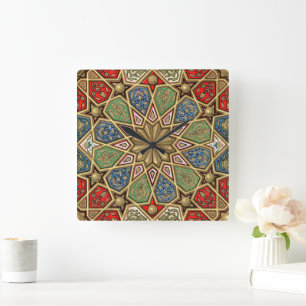 Red Green Blue Faux Gold Arabic Art Pattern Square Wall Clock