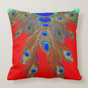 RED GREEN BLUE PEACOCK FEATHER JEWELS CUSHION