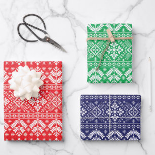 Red, Green & Blue Winter Fair Isle Christmas Wrapping Paper Sheet