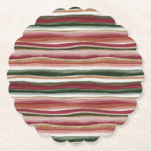 Red Green Blush White Gold Stripes Birthday Paper Coaster