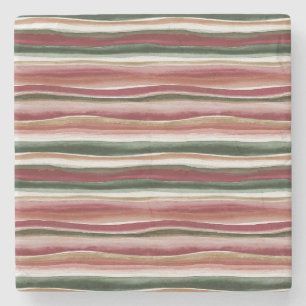 Red Green Blush White Gold Stripes Stone Coaster