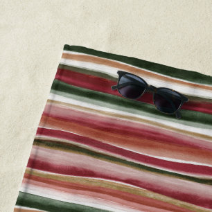 Red Green Blush White Stripes  Beach Towel