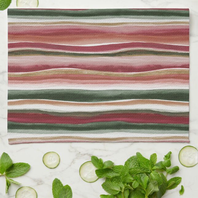 Red Green Blush White Stripes  Tea Towel (Folded)