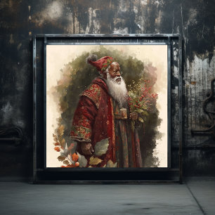 Red & Green Botanical Black Woodland Black Santa Poster