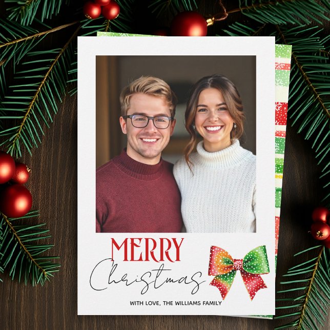 Red, green bow and stripes Merry Christmas photo Holiday Card (Creator Uploaded)