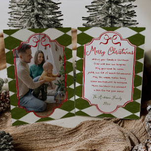 Red Green Bow Chequered Frame Photo Christmas Holiday Card