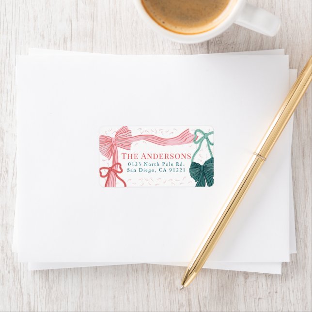 Red & Green Bows Christmas Holiday Return Address Label (Insitu)