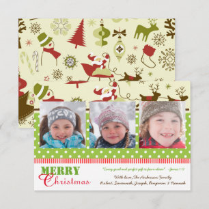 Red, Green, Brown Retro 3 Photos-3x5Christmas Card