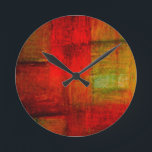 Red Green Browny Yellow Abstract Art Round Clock<br><div class="desc">From Original Canvas Painting - Original Creative Artwork - Horizontal Squares & Rectangles Geometric Abstract</div>