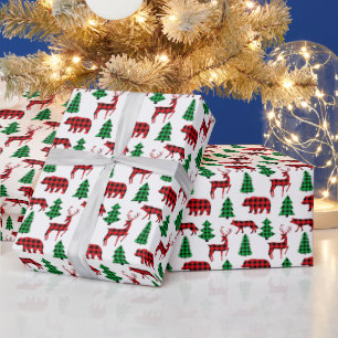 Red Green Buffalo Plaid Bears Wolves Deer Xmas Wrapping Paper