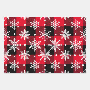 Red Green  Buffalo Plaid Christmas Snowflake Multi Wrapping Paper Sheet