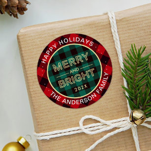 Red Green Buffalo Plaid Merry and Bright Christmas Classic Round Sticker