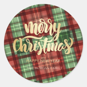 Red Green Buffalo Plaid Merry Christmas Classic Round Sticker