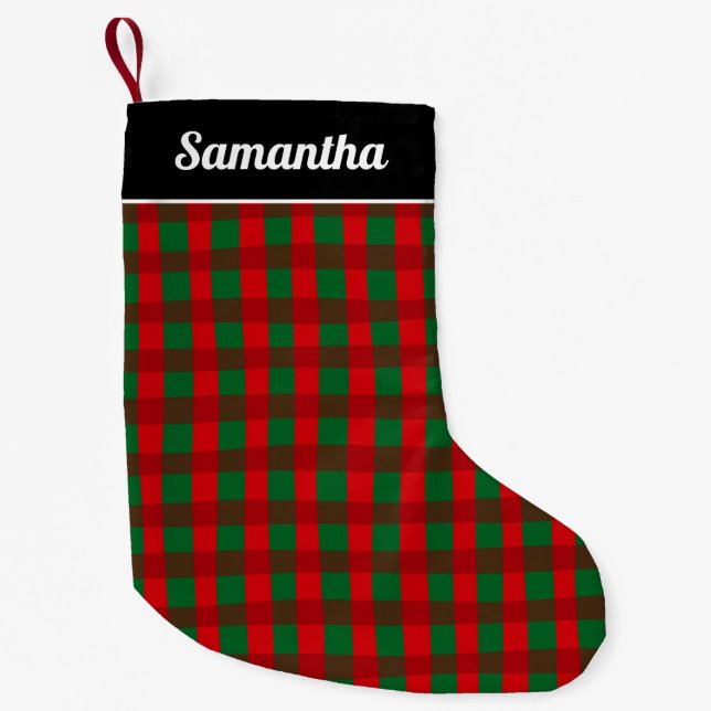 Red Green Buffalo Plaid Personalised Name Small Christmas Stocking (Front)