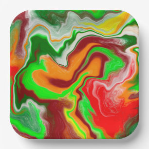 Red, Green, Burgundy Colorful Marble Fluid Art   Paper Plate