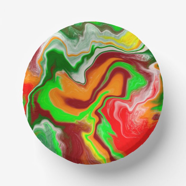Red, Green, Burgundy Colourful Marble Fluid Art   Paper Plate (Front)