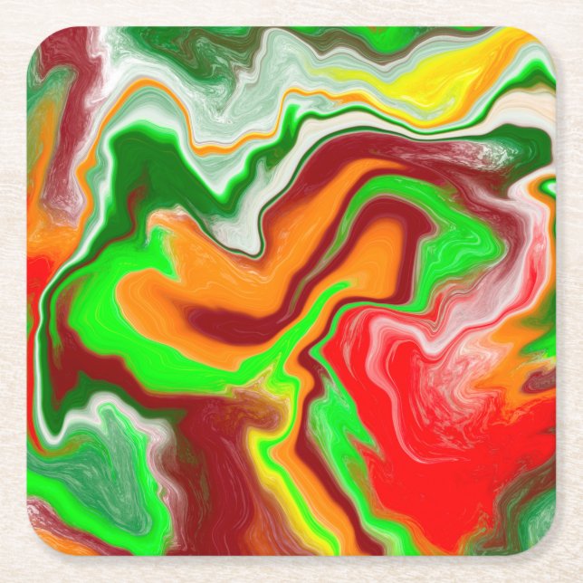 Red, Green, Burgundy Colourful Marble Fluid Art  Square Paper Coaster (Front)