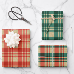 Red Green Burlap Plaid Christmas Wrapping Paper Sheet