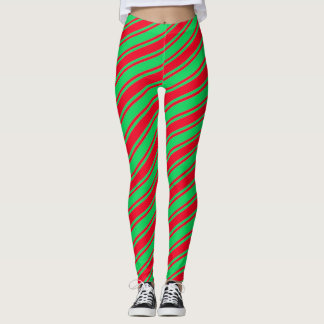 Red Green Candy Cane Diagonal Stripe Christmas Leggings