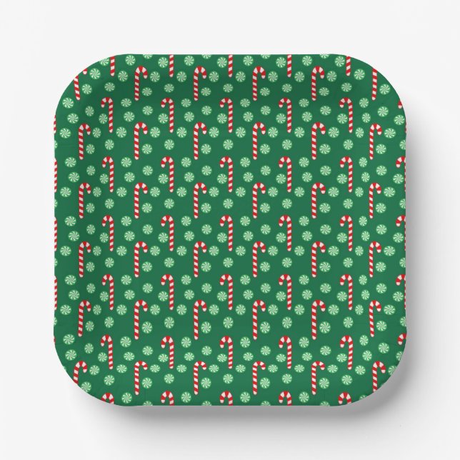 Red Green Candy Cane Peppermint Christmas  Paper Plate (Front)