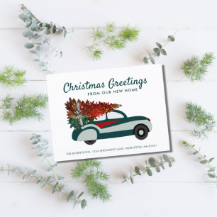 Red Green Car Christmas Tree Holiday Moving Announcement Postcard