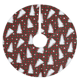 RED & GREEN CHECK PATTERN & WHITE TREES BRUSHED POLYESTER TREE SKIRT