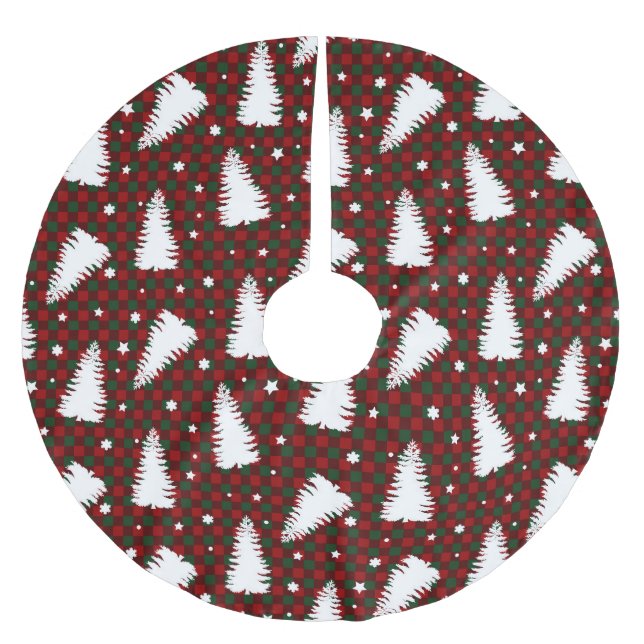 RED & GREEN CHECK PATTERN & WHITE TREES BRUSHED POLYESTER TREE SKIRT (Front)