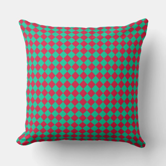 Red Green Chequered Diamond Pattern Cushion (Front)