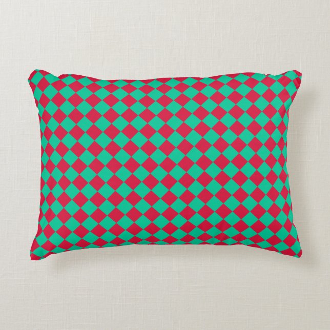 Red Green Chequered Diamond Pattern Decorative Cushion (Front)