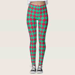 Red Green Chequered Diamond Pattern Leggings