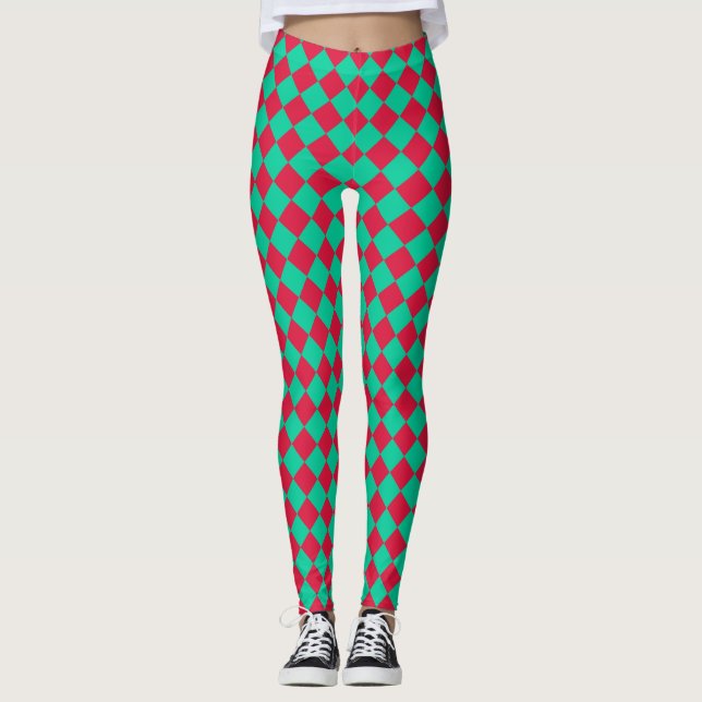 Red Green Chequered Diamond Pattern Leggings (Front)
