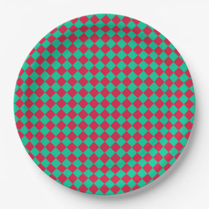 Red Green Chequered Diamond Pattern Paper Plate