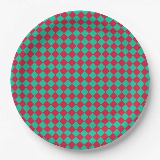 Red Green Chequered Diamond Pattern Paper Plate (Front)