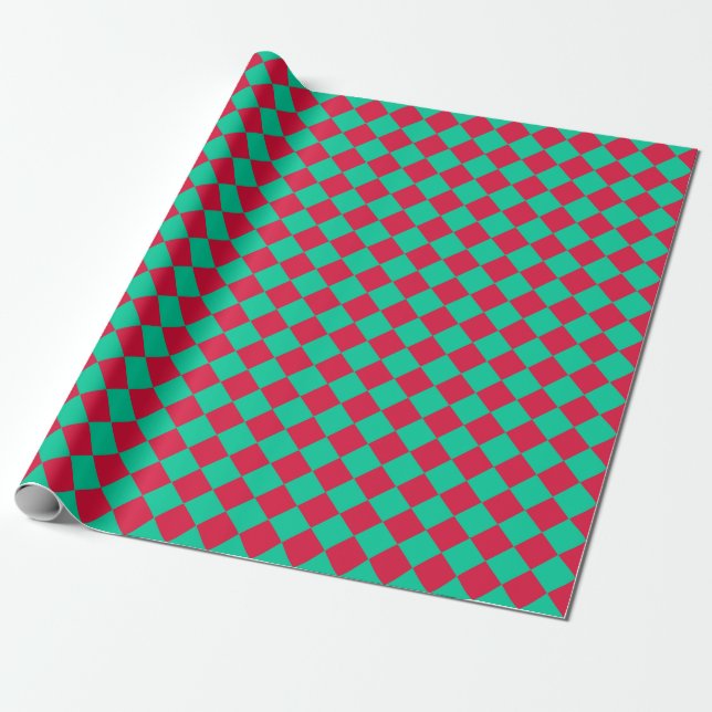 Red Green Chequered Diamond Pattern Wrapping Paper (Unrolled)
